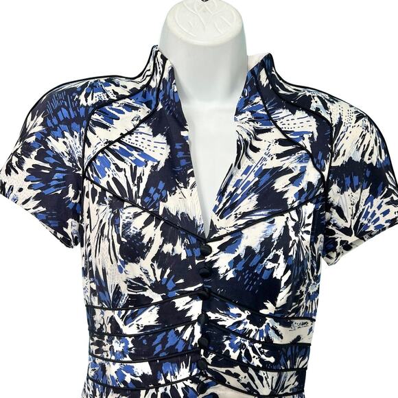 Theia Blue White Black Floral Faux Button Front Mandarin Collar Sheath Dress 2 - Picture 11 of 13